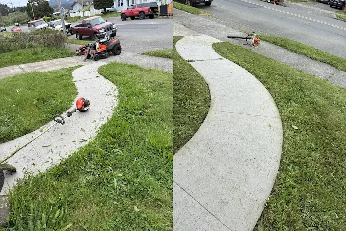 Curved concrete walkway with grass trimmed and edged on both sides — before and after