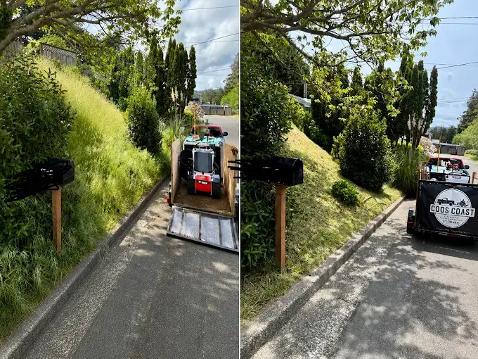 Coos Coast Cleanup branded trailer on a residential driveway — before and after of property maintenance