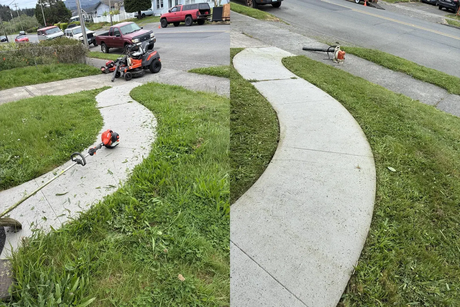Curved concrete walkway edged and trimmed clean through a grass yard — before and after
