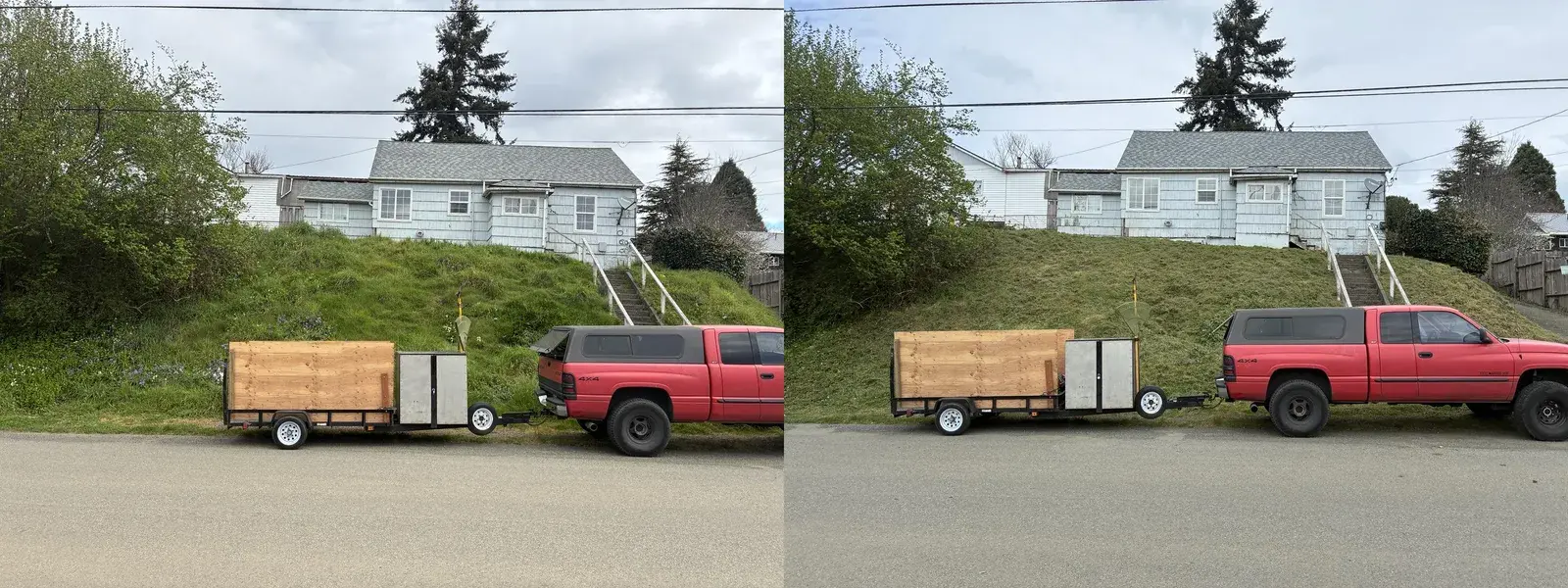 Overgrown hillside slope mowed down to a clean lawn in Coos County, before and after