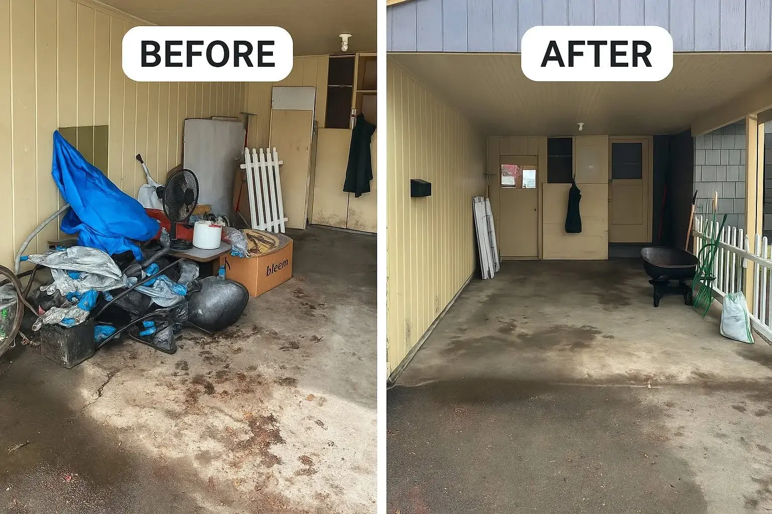 Before and after of a cluttered carport cleared of junk and debris in Coos County